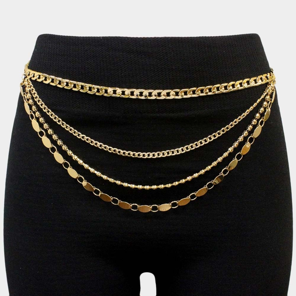 Gold Multi Layered Strand Metal Link Draped Chain Belt Fashion Statement